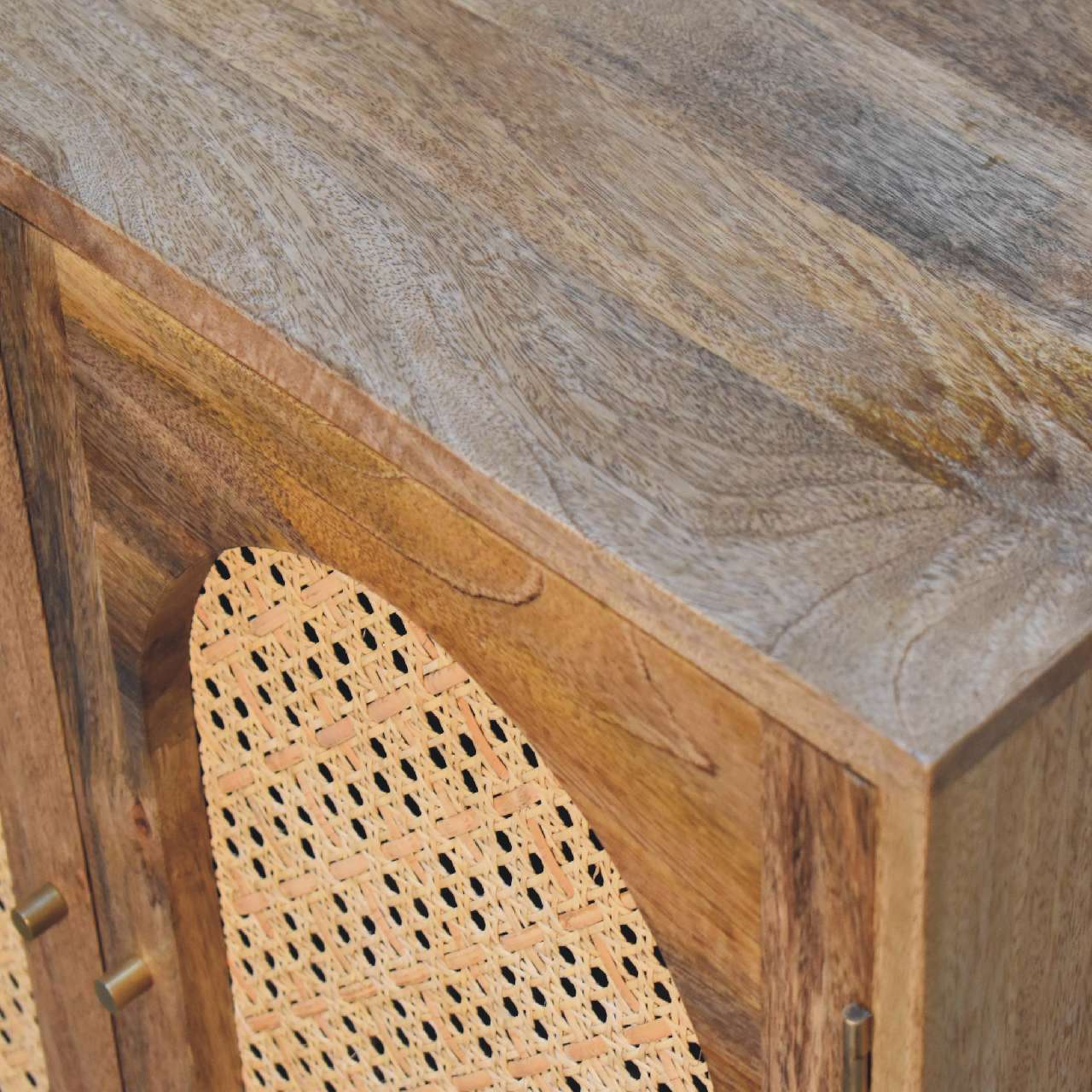 Nordic Rattan Ball Cabinet – Handcrafted Solid Mango Wood with Arch-Woven Doors, Brass Knobs & Sculpted Ball Feet Cabinets & Storage CasaFenix