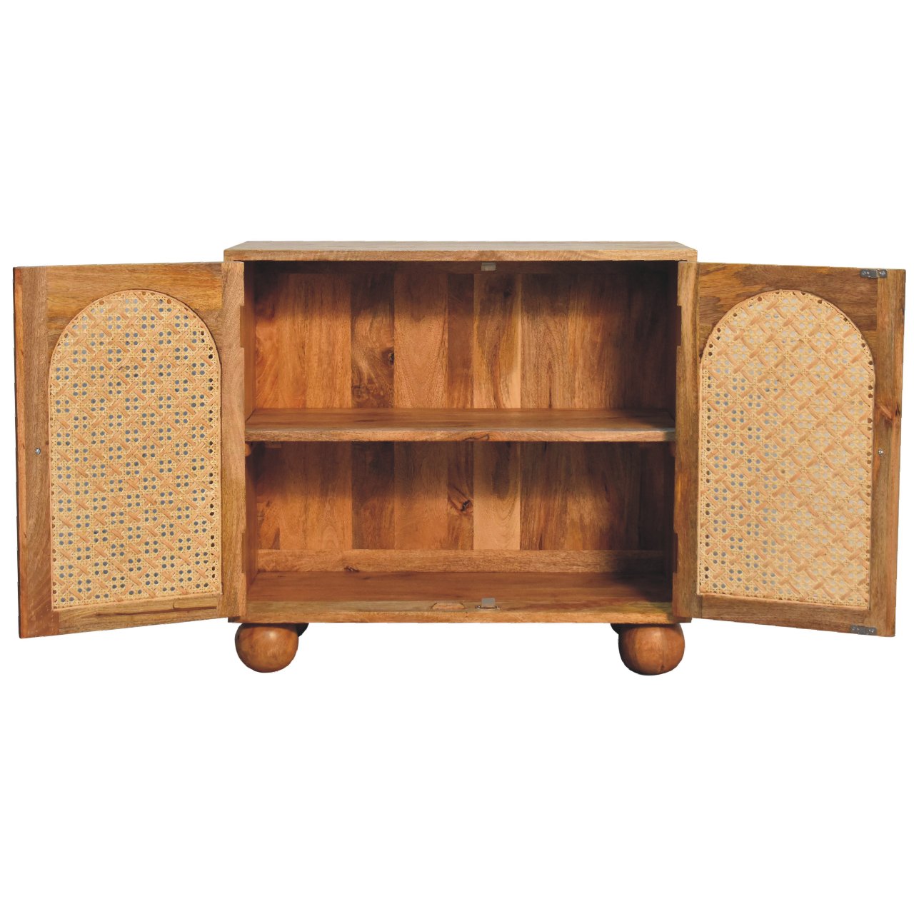Nordic Rattan Ball Cabinet – Handcrafted Solid Mango Wood with Arch-Woven Doors, Brass Knobs & Sculpted Ball Feet Cabinets & Storage CasaFenix