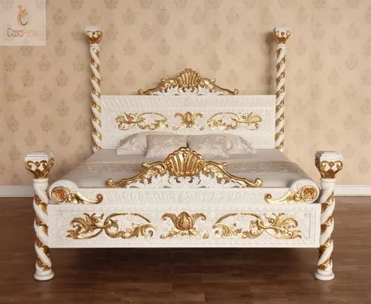 Italian Antique Style Venetian Heavily Carved Bed - CasaFenix