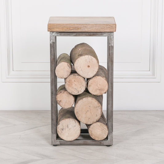 Iron Frame Log Store Side Table with Wooden Top  CasaFenix