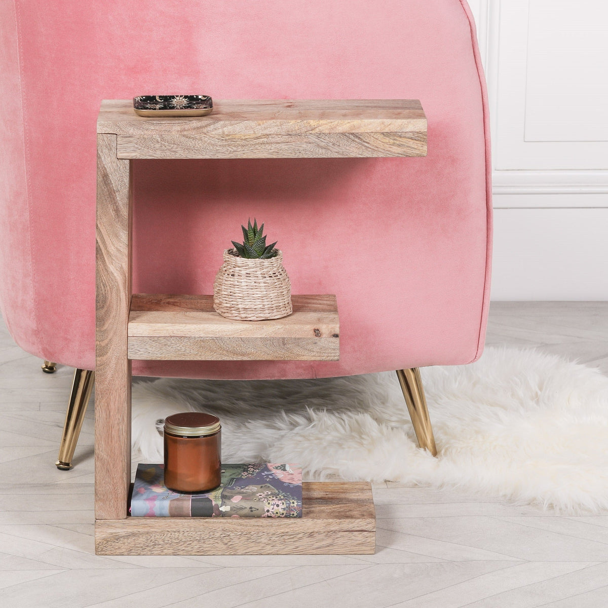 Mango Wood E-Shaped Side Table with 3 Shelves Side Table CasaFenix