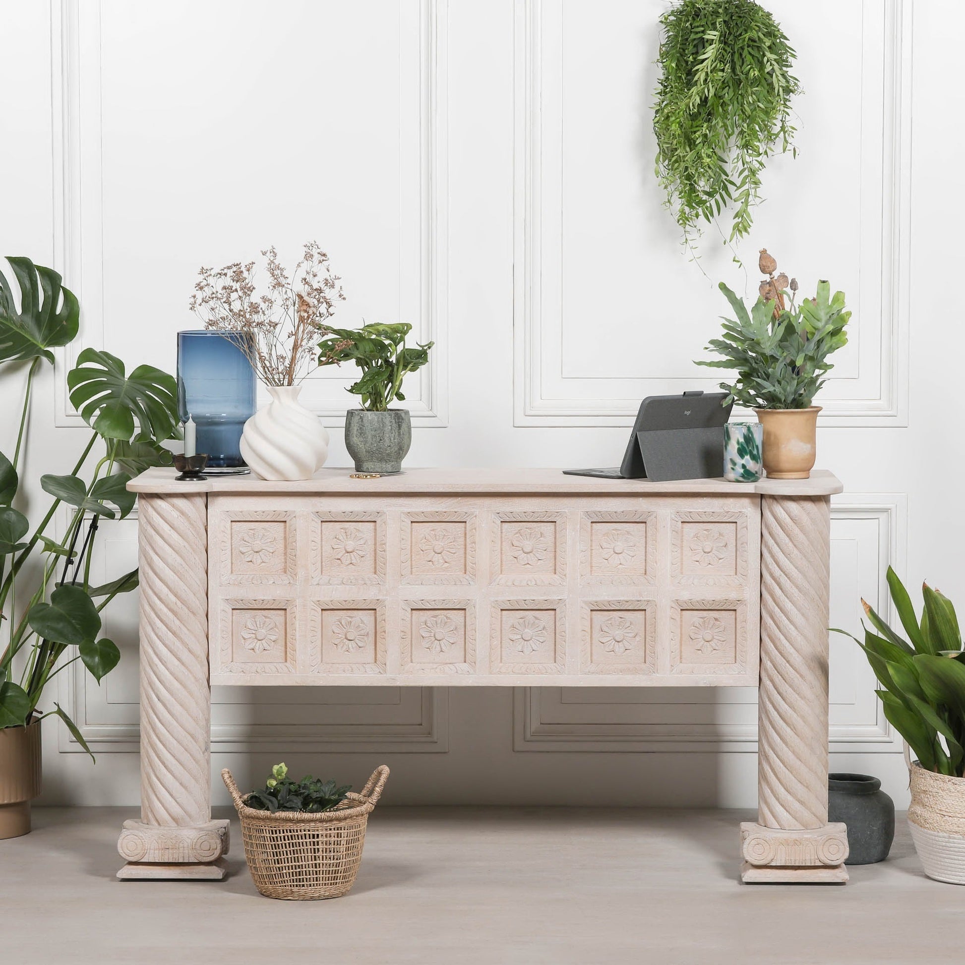 Hand-Carved Mango Wood Reception & Shop Display Desk in Blanchie Finish Side Table CasaFenix