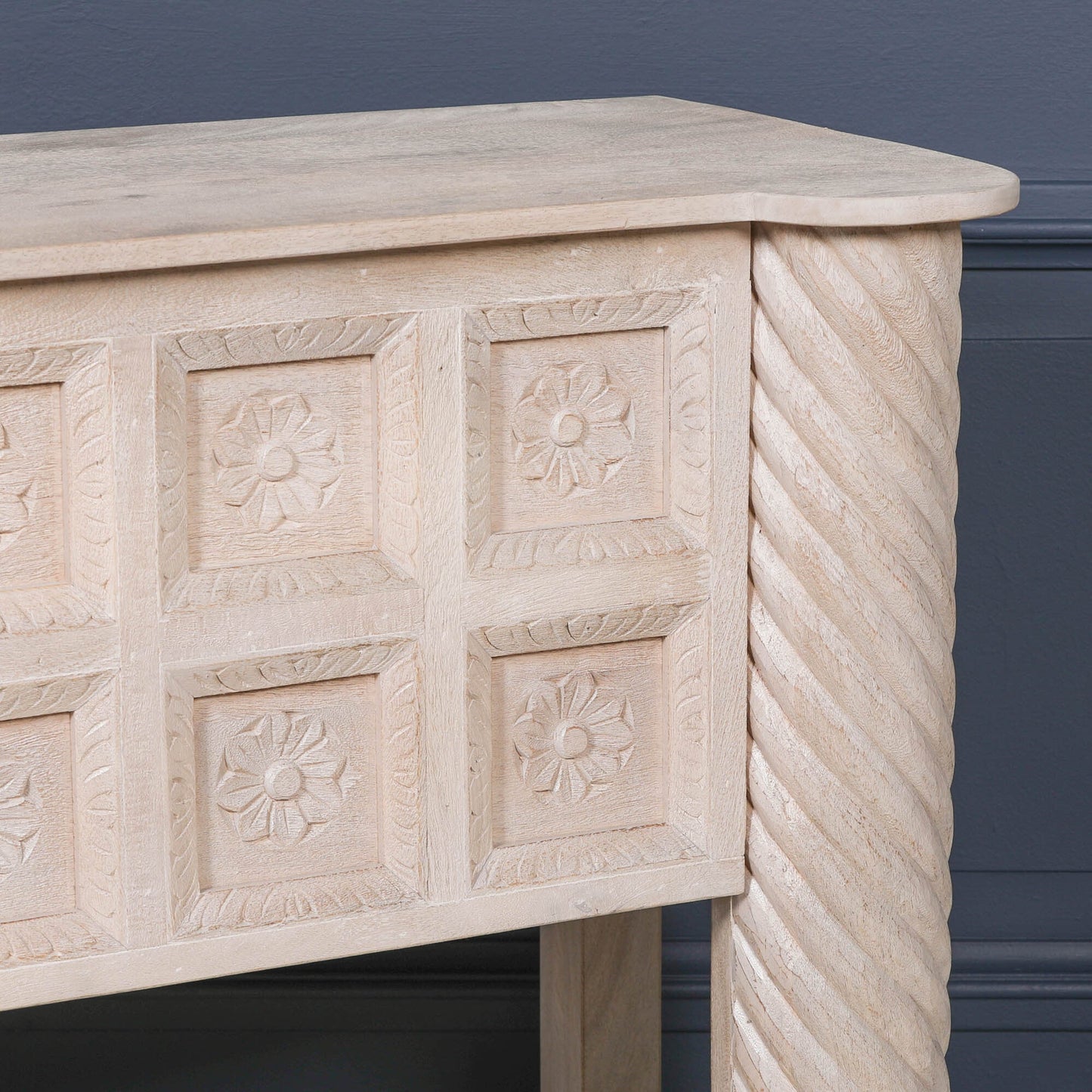 Hand-Carved Mango Wood Reception & Shop Display Desk in Blanchie Finish Side Table CasaFenix