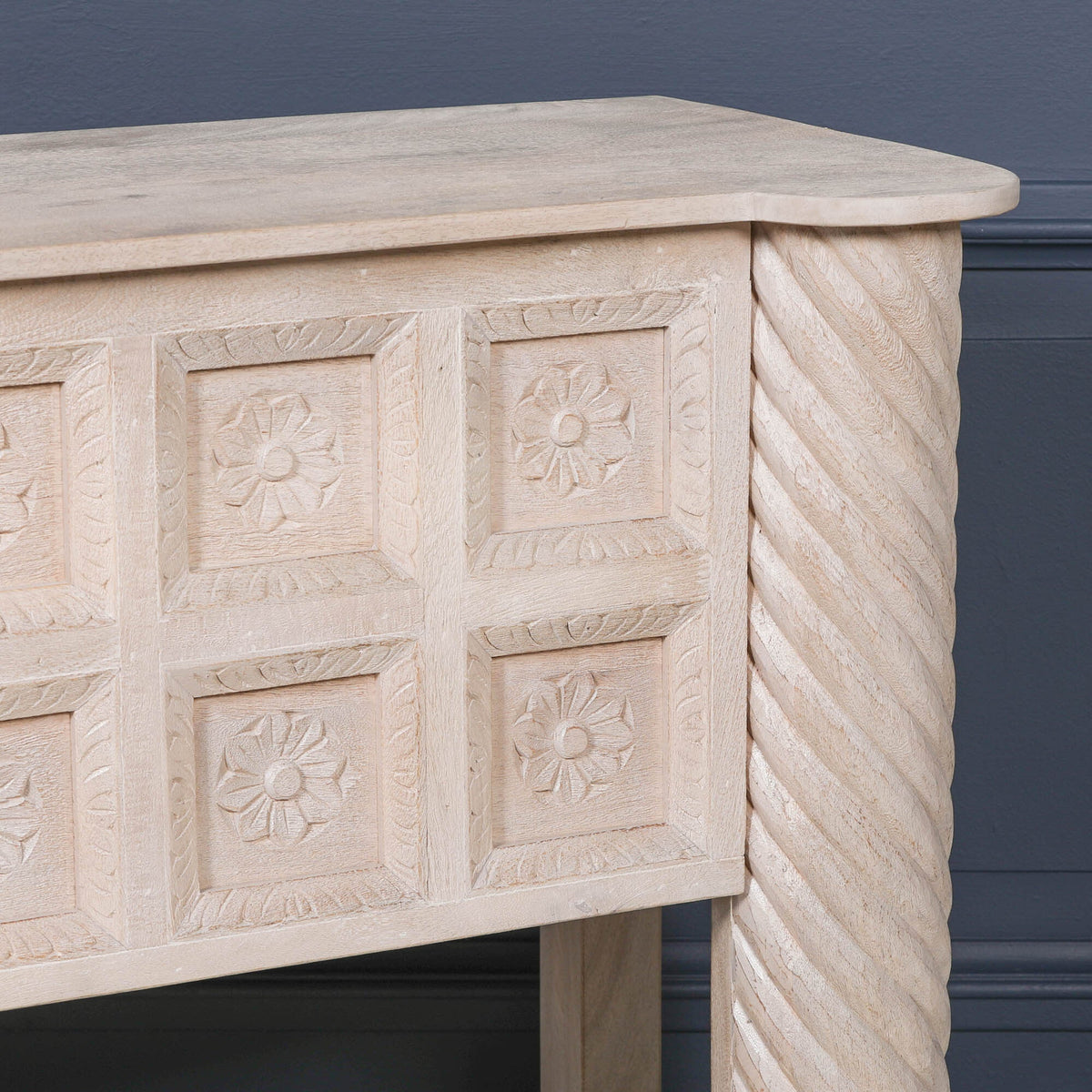 Hand-Carved Mango Wood Reception & Shop Display Desk in Blanchie Finish Side Table CasaFenix