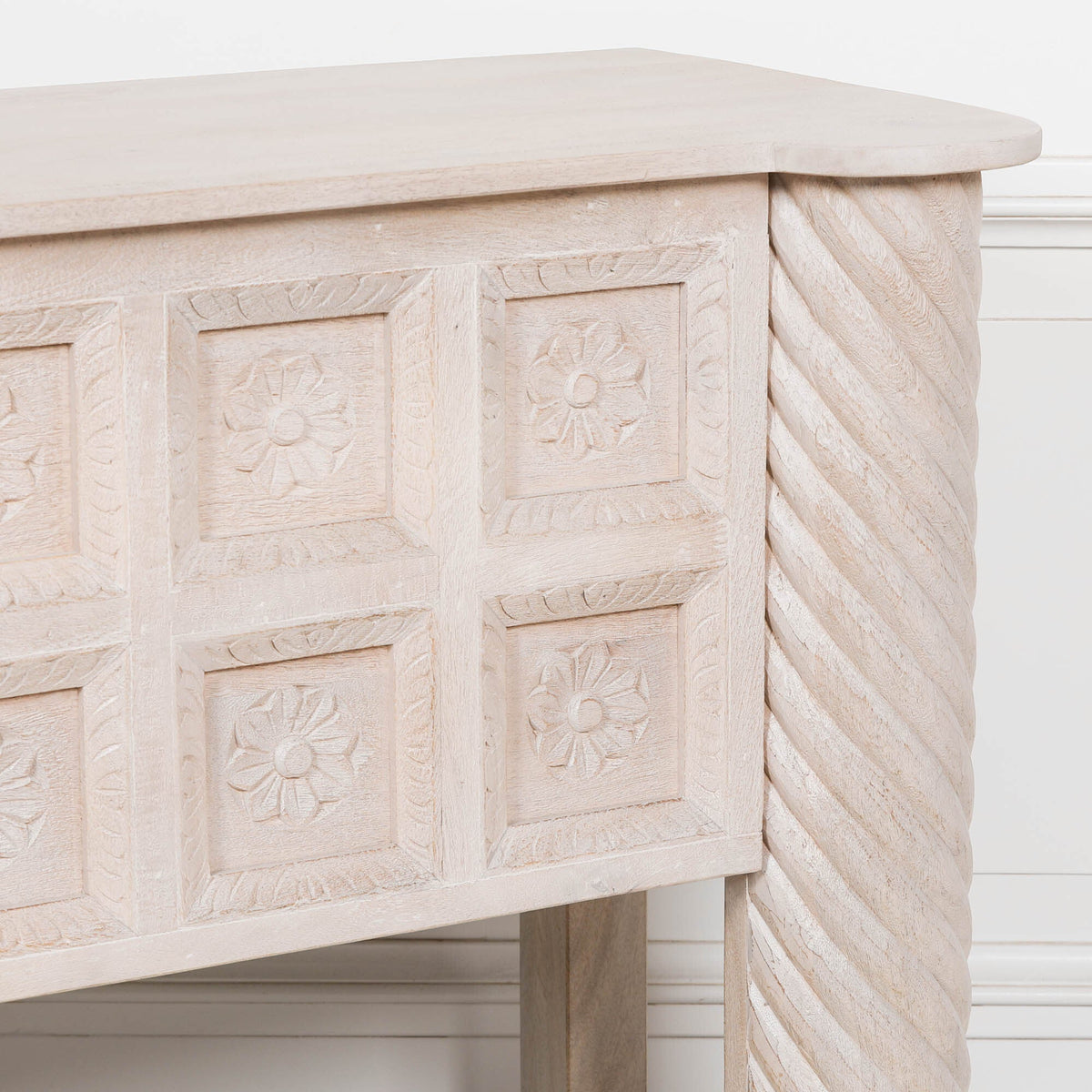 Hand-Carved Mango Wood Reception & Shop Display Desk in Blanchie Finish Side Table CasaFenix