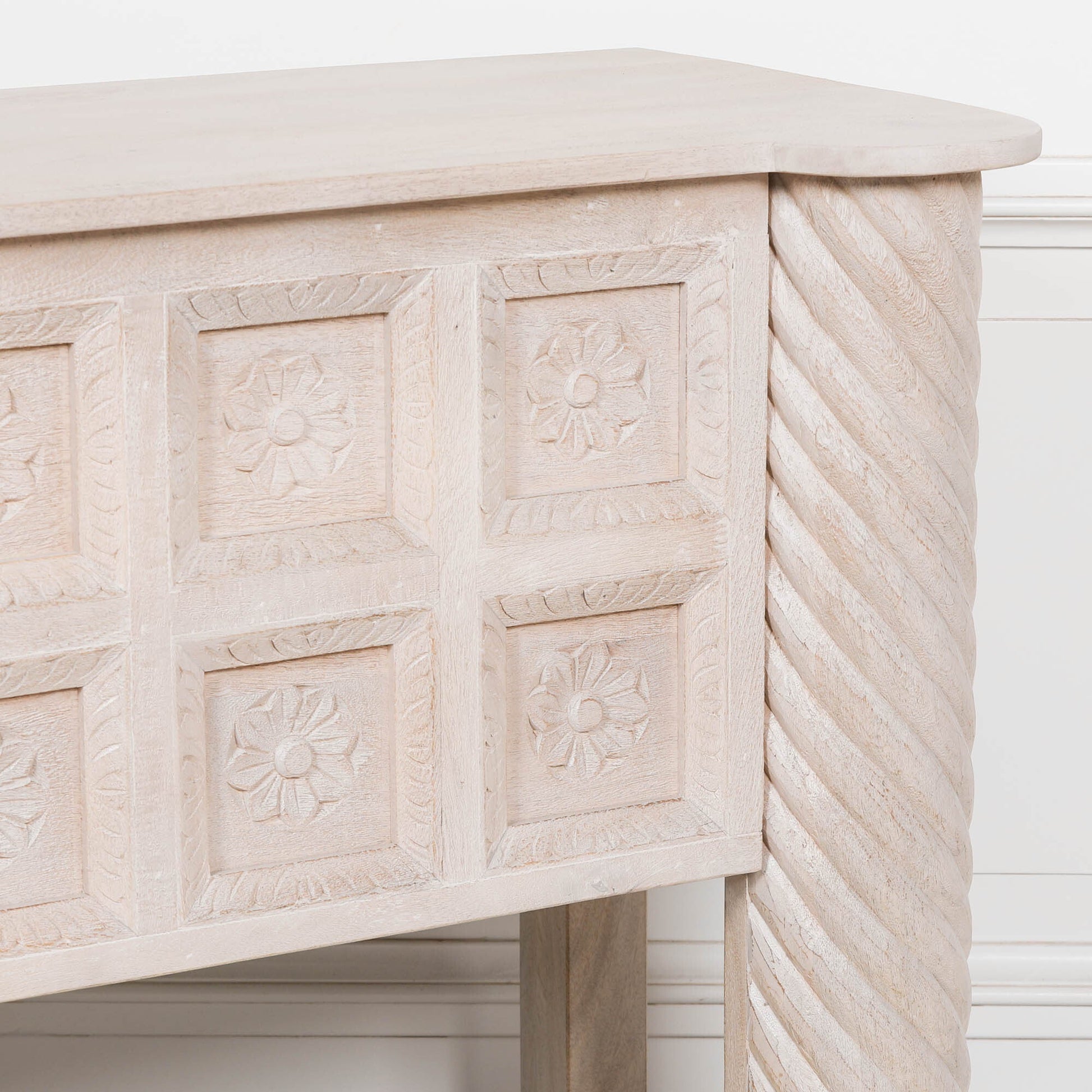 Hand-Carved Mango Wood Reception & Shop Display Desk in Blanchie Finish Side Table CasaFenix