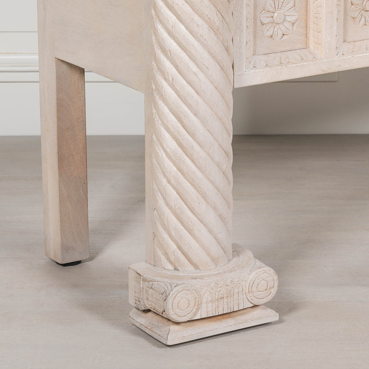 Hand-Carved Mango Wood Reception & Shop Display Desk in Blanchie Finish Side Table CasaFenix