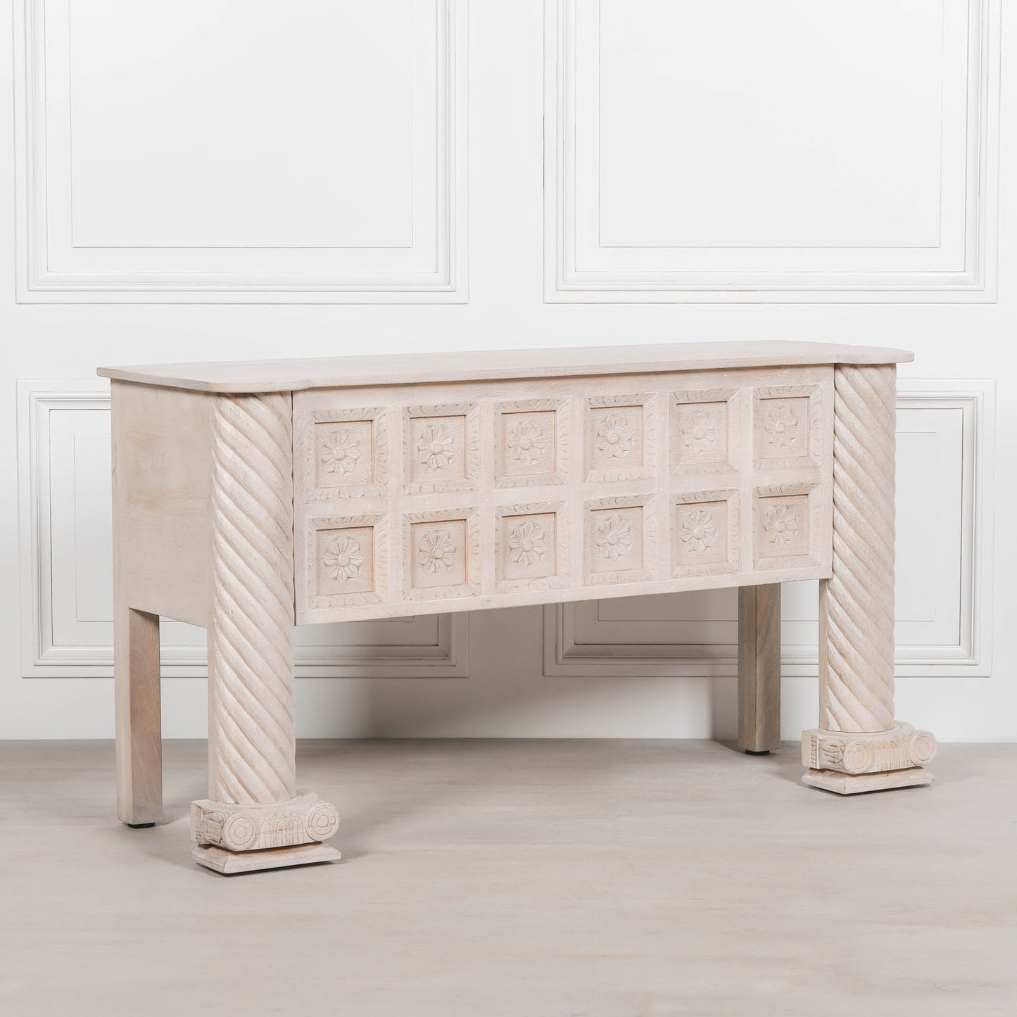 Hand-Carved Mango Wood Reception & Shop Display Desk in Blanchie Finish Side Table CasaFenix