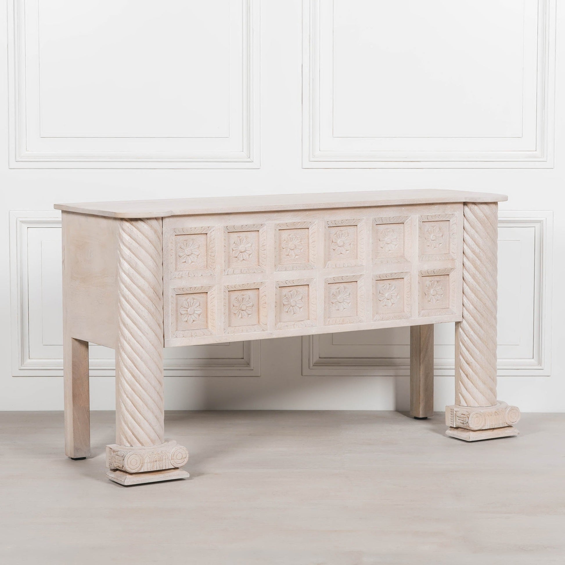 Hand-Carved Mango Wood Reception & Shop Display Desk in Blanchie Finish Side Table CasaFenix