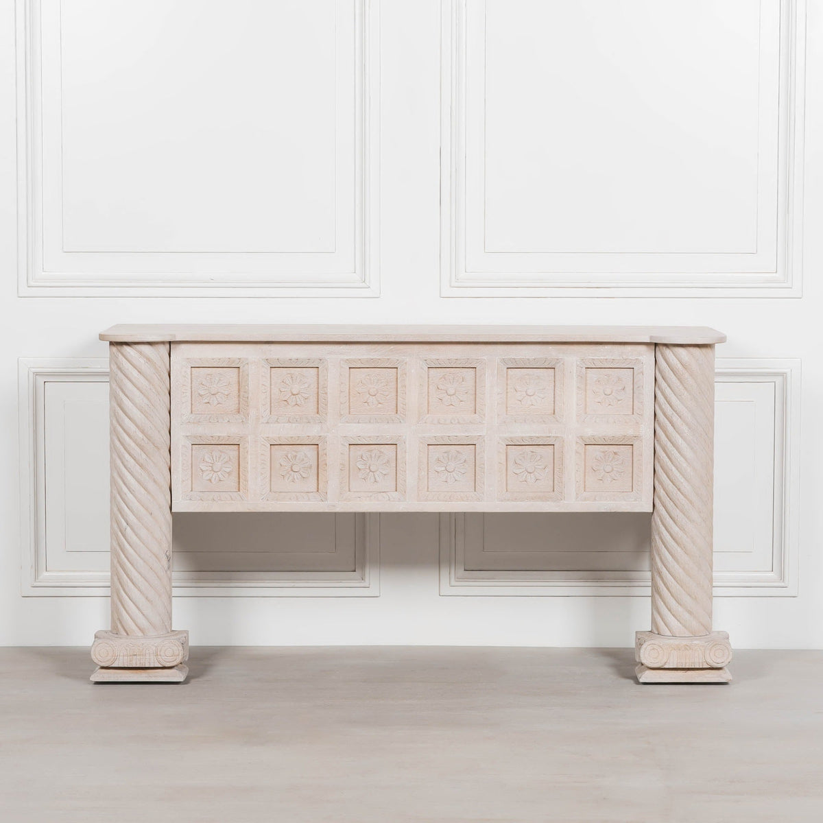 Hand-Carved Mango Wood Reception & Shop Display Desk in Blanchie Finish Side Table CasaFenix
