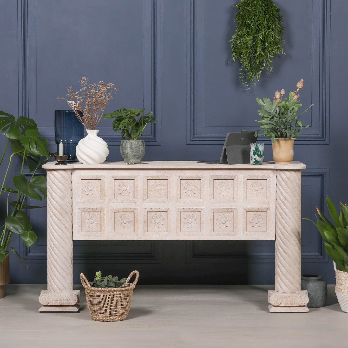 Hand-Carved Mango Wood Reception & Shop Display Desk in Blanchie Finish Side Table CasaFenix