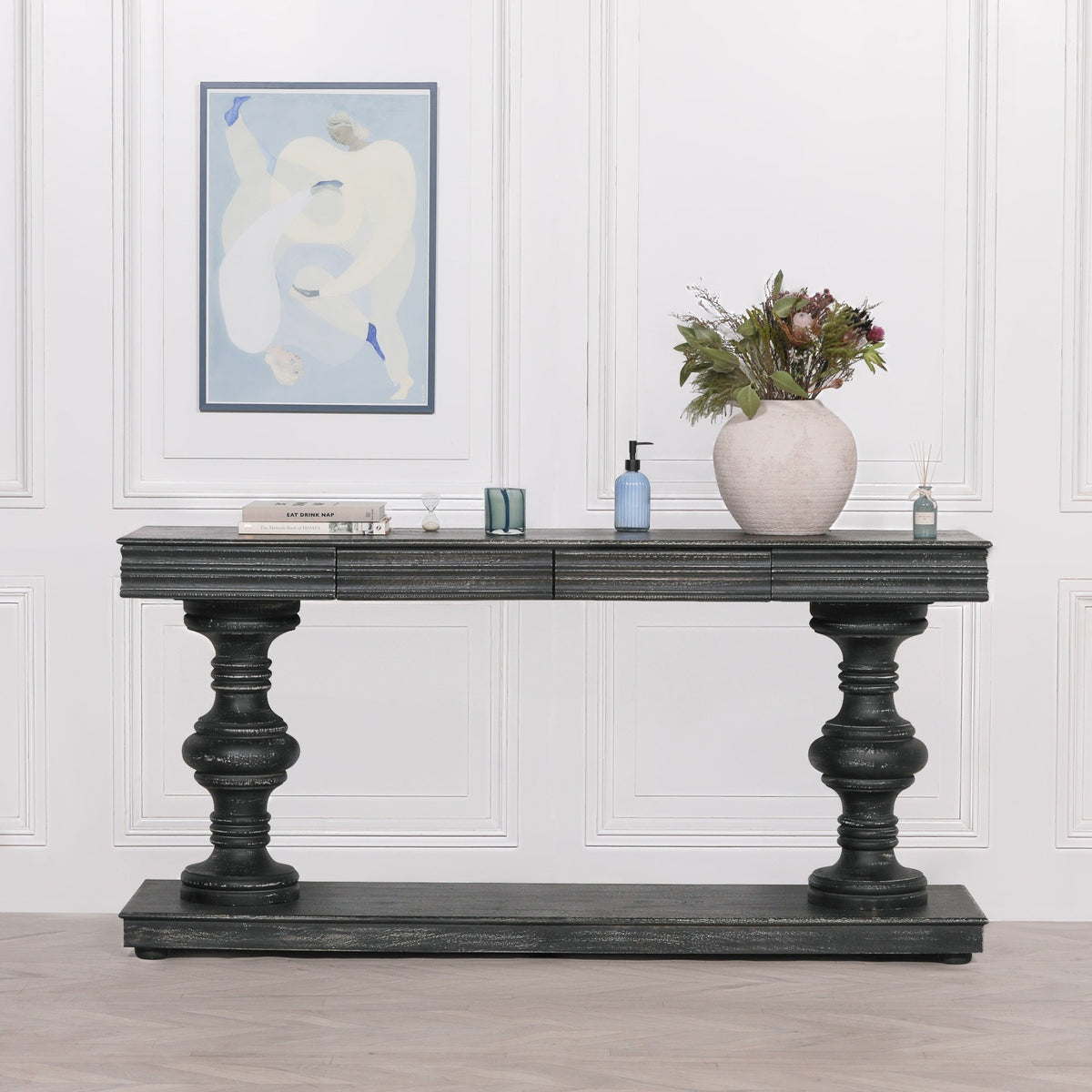 Black Distressed Mango Wood Console Table with Two Drawers 180cm Console table CasaFenix