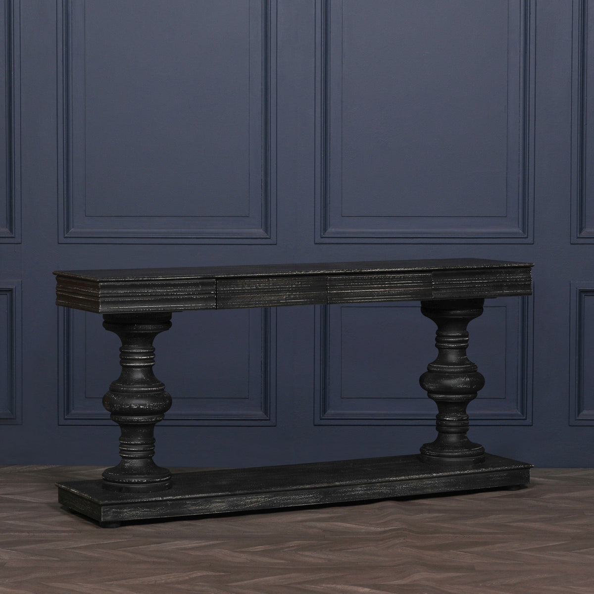 Black Distressed Mango Wood Console Table with Two Drawers 180cm Console table CasaFenix