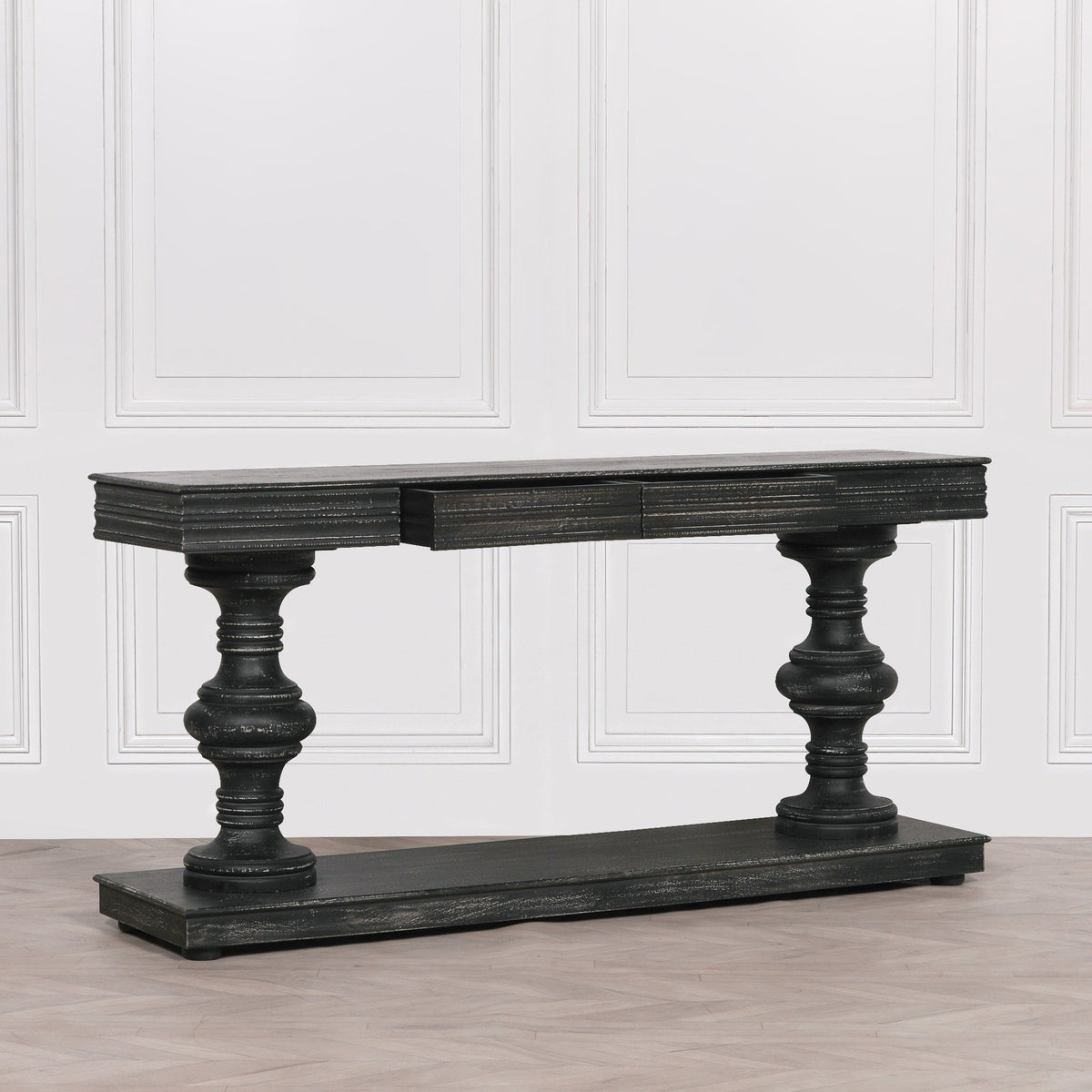 Black Distressed Mango Wood Console Table with Two Drawers 180cm Console table CasaFenix
