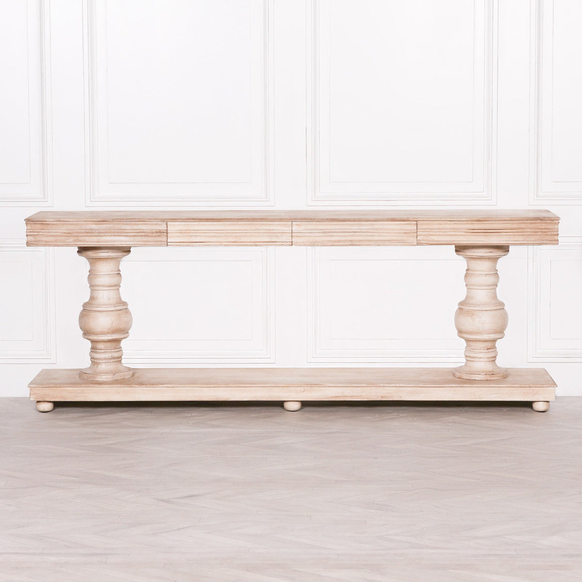 Hand-Carved Mango Wood Console Table with Twin Turned Pedestals and Two Drawers Console table CasaFenix