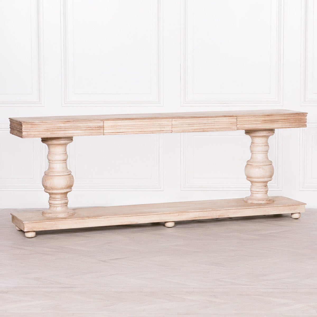 Hand-Carved Mango Wood Console Table with Twin Turned Pedestals and Two Drawers Console table CasaFenix