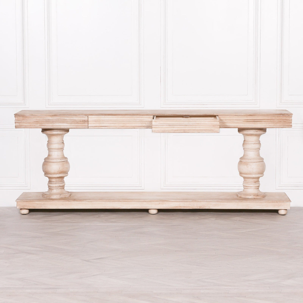 Hand-Carved Mango Wood Console Table with Twin Turned Pedestals and Two Drawers Console table CasaFenix