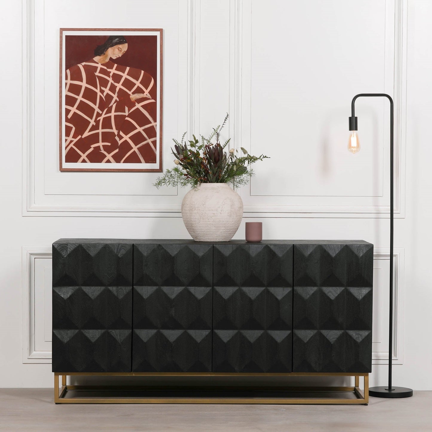 Black Mango Wood 4-Door Sideboard with Diamond-Pattern Doors & Gold Metal Base Buffets & Sideboards CasaFenix