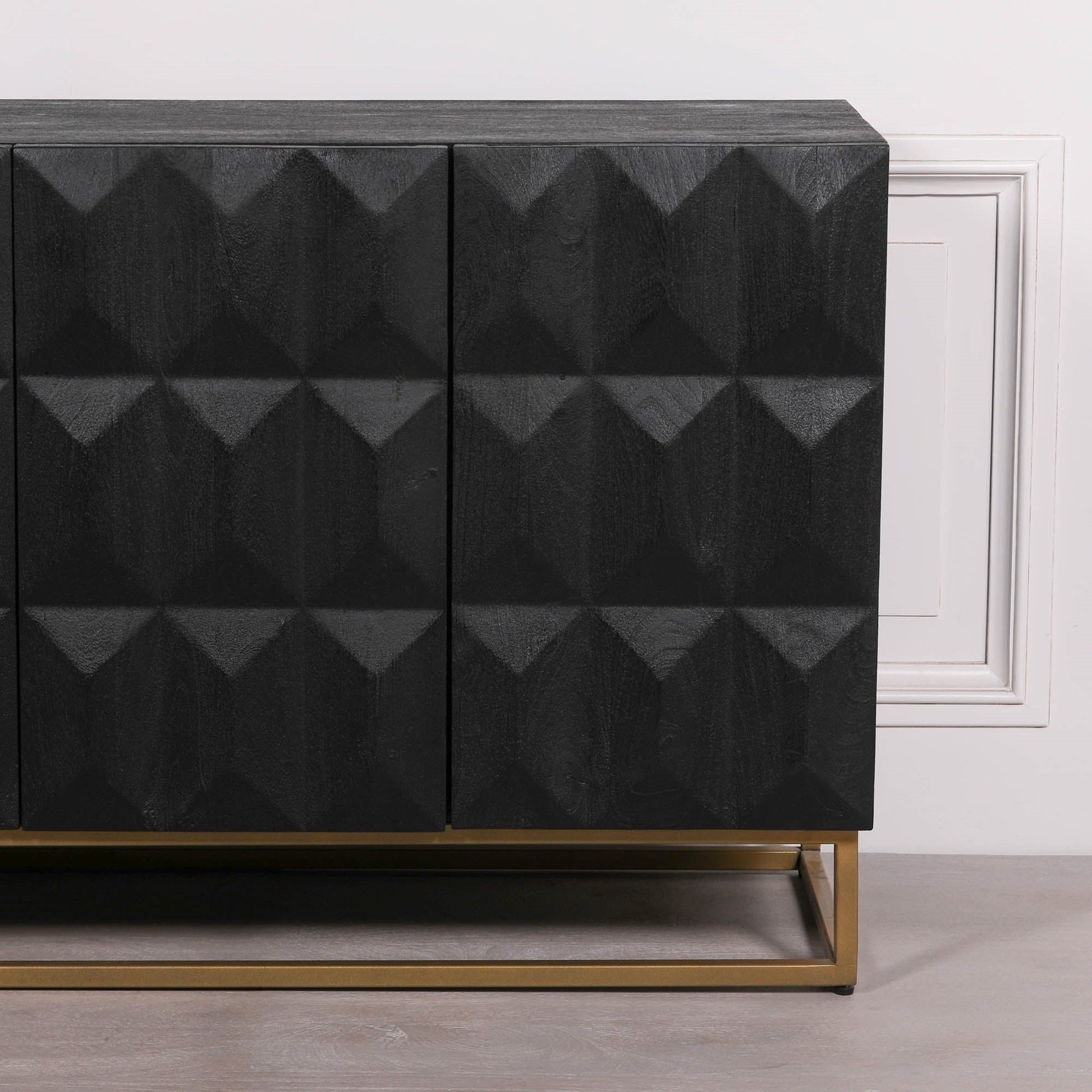 Black Mango Wood 4-Door Sideboard with Diamond-Pattern Doors & Gold Metal Base Buffets & Sideboards CasaFenix