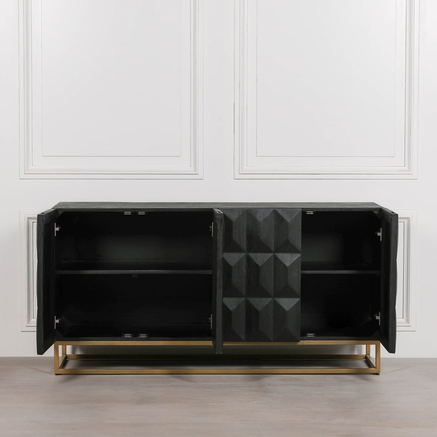 Black Mango Wood 4-Door Sideboard with Diamond-Pattern Doors & Gold Metal Base Buffets & Sideboards CasaFenix