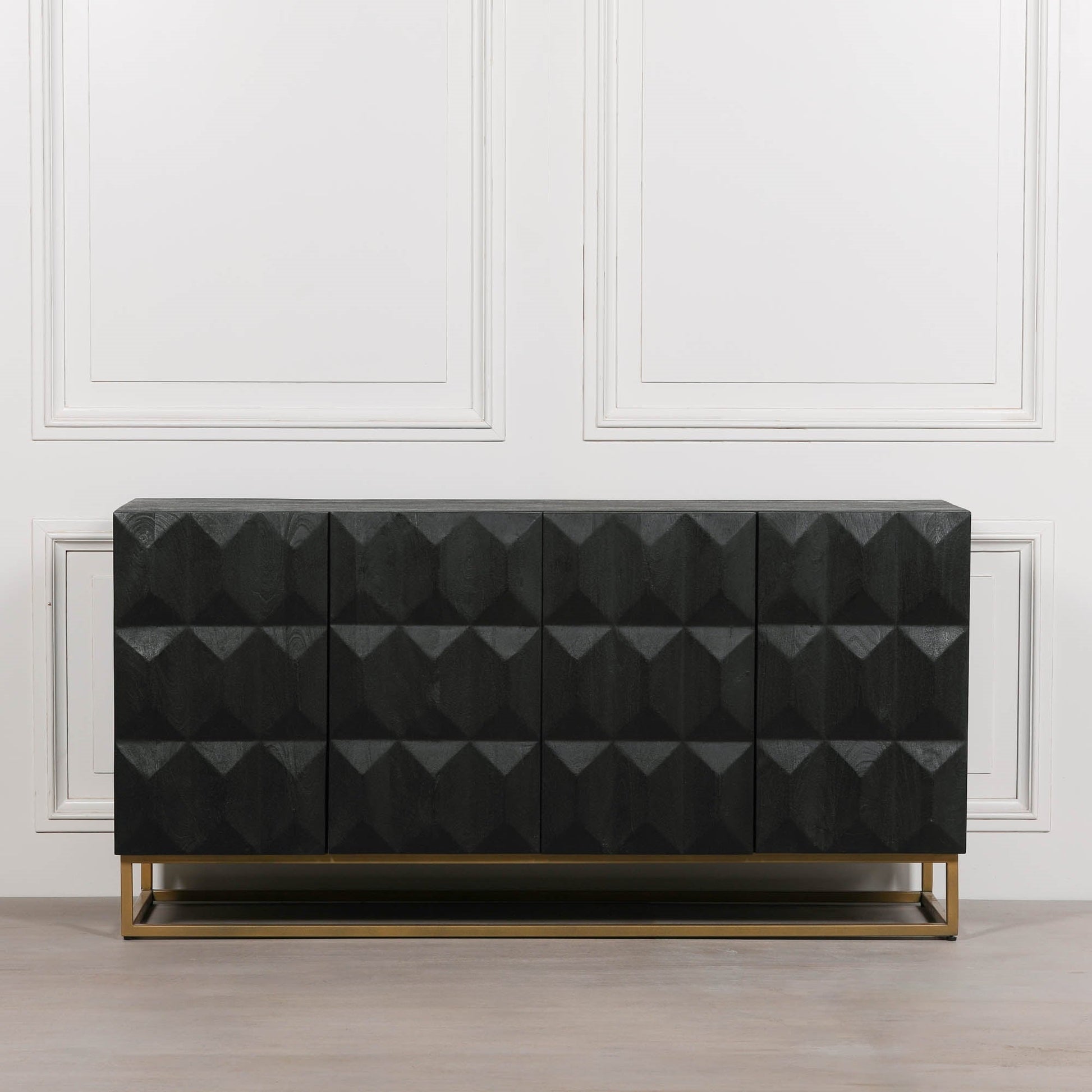 Black Mango Wood 4-Door Sideboard with Diamond-Pattern Doors & Gold Metal Base Buffets & Sideboards CasaFenix