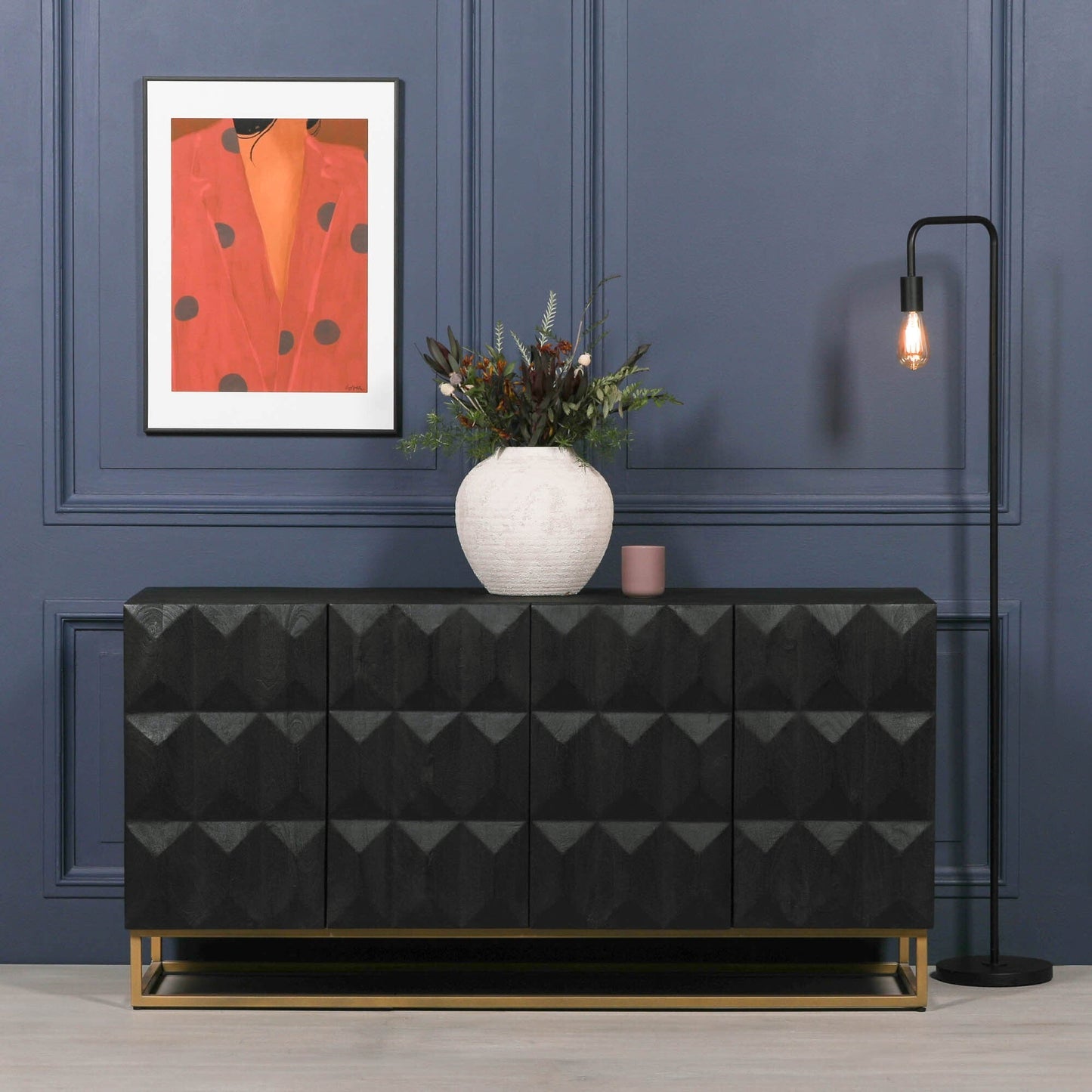 Black Mango Wood 4-Door Sideboard with Diamond-Pattern Doors & Gold Metal Base Buffets & Sideboards CasaFenix