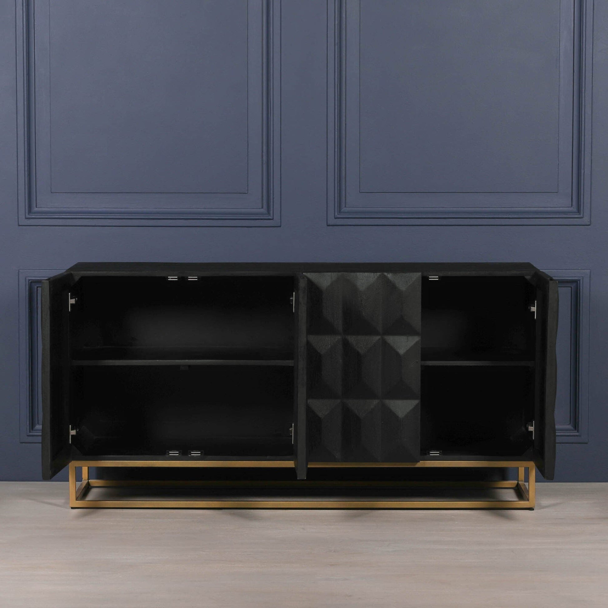 Black Mango Wood 4-Door Sideboard with Diamond-Pattern Doors & Gold Metal Base Buffets & Sideboards CasaFenix