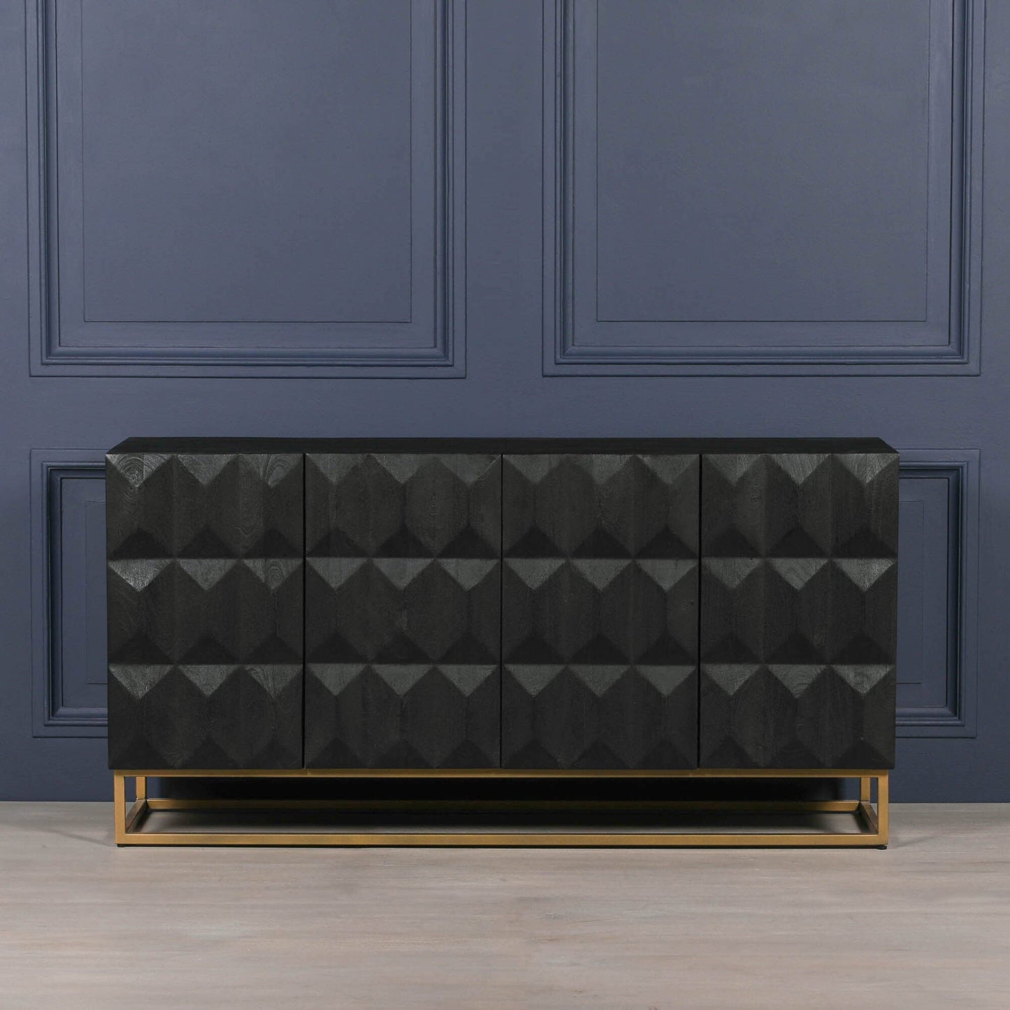 Black Mango Wood 4-Door Sideboard with Diamond-Pattern Doors & Gold Metal Base Buffets & Sideboards CasaFenix