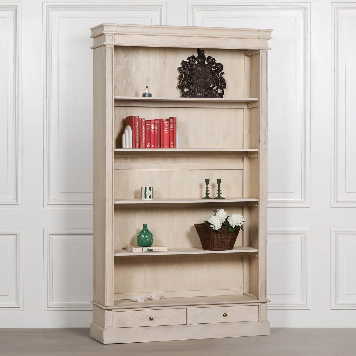 Blanche Mango Wood Open Bookcase with 4 Shelves and 2 Drawers 215cm Bookcase CasaFenix