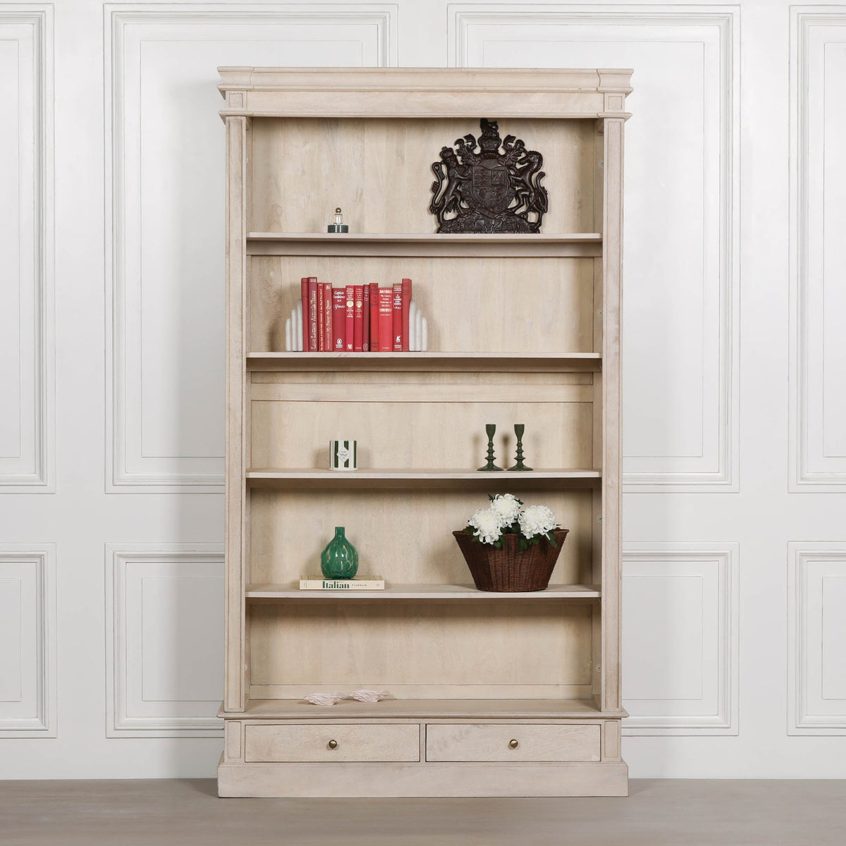 Blanche Mango Wood Open Bookcase with 4 Shelves and 2 Drawers 215cm Bookcase CasaFenix