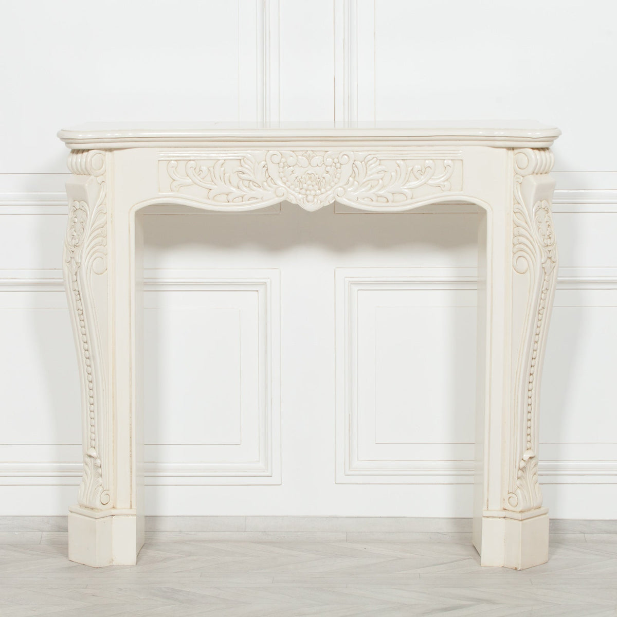 Aged Ivory Hand-Carved Mahogany Wood Fire Surround and Mantel Fire surround CasaFenix