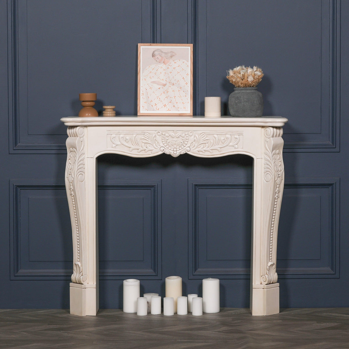 Aged Ivory Hand-Carved Mahogany Wood Fire Surround and Mantel Fire surround CasaFenix