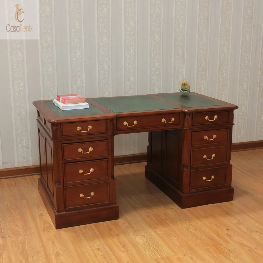 Large Twin Pedestal Desk Leather Top File & CPU Space Solid Mahogany Antique Reproduction Column Georgian Collection CasaFenix