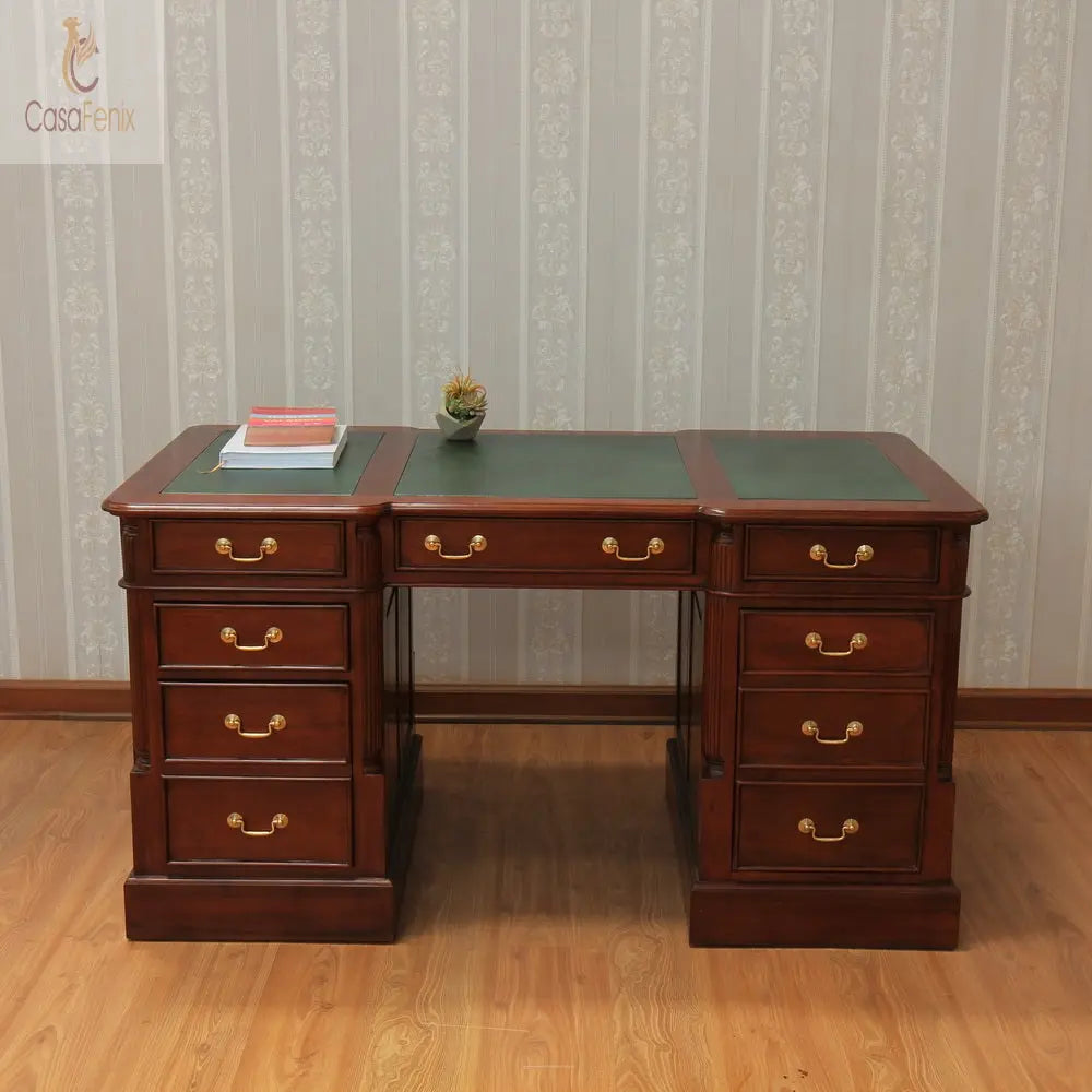 Large Twin Pedestal Desk Leather Top File & CPU Space Solid Mahogany Antique Reproduction Column Georgian Collection CasaFenix