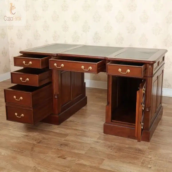Large Twin Pedestal Desk Leather Top File & CPU Space Solid Mahogany Antique Reproduction Column Georgian Collection CasaFenix