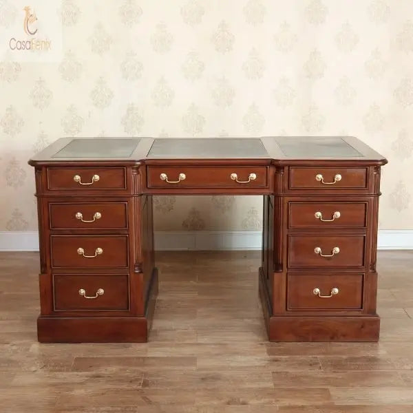 Large Twin Pedestal Desk Leather Top File & CPU Space Solid Mahogany Antique Reproduction Column Georgian Collection CasaFenix