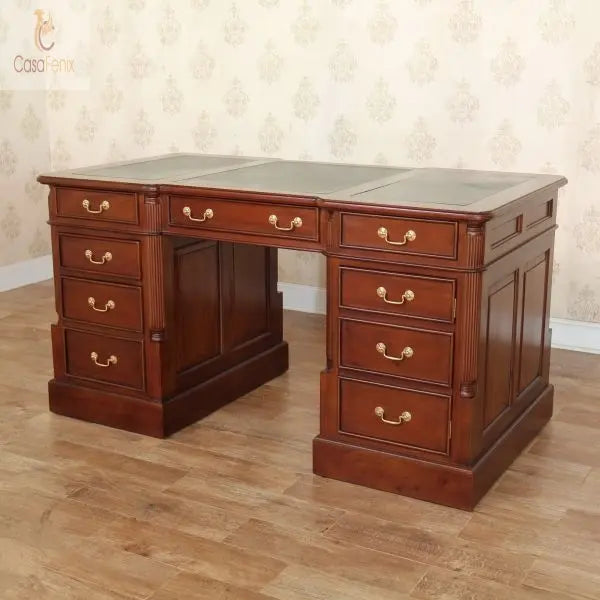 Large Twin Pedestal Desk Leather Top File & CPU Space Solid Mahogany Antique Reproduction Column Georgian Collection CasaFenix