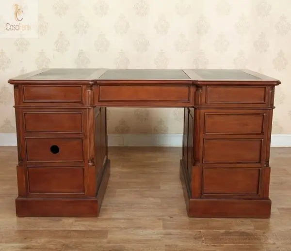 Large Twin Pedestal Desk Leather Top File & CPU Space Solid Mahogany Antique Reproduction Column Georgian Collection CasaFenix