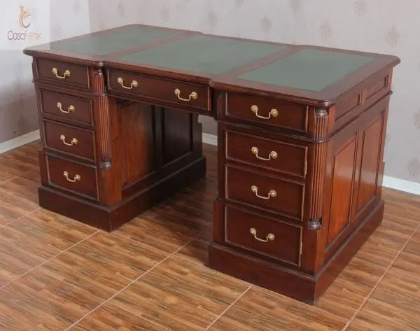 Large Twin Pedestal Desk Leather Top File & CPU Space Solid Mahogany Antique Reproduction Column Georgian Collection CasaFenix