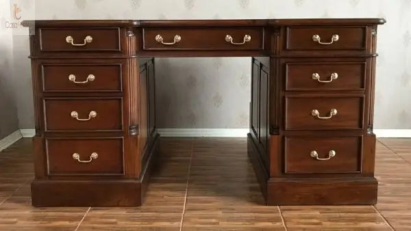 Large Twin Pedestal Desk Leather Top File & CPU Space Solid Mahogany Antique Reproduction Column Georgian Collection CasaFenix