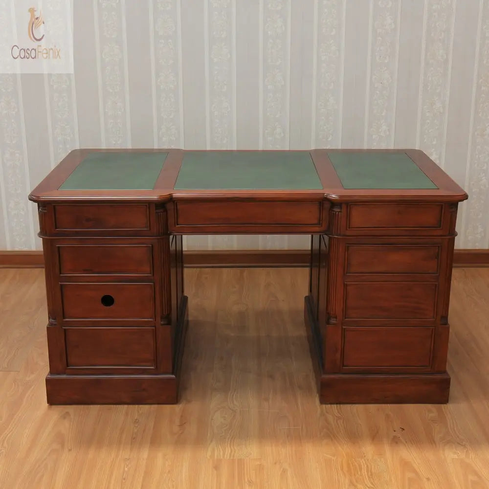 Large Twin Pedestal Desk Leather Top File & CPU Space Solid Mahogany Antique Reproduction Column Georgian Collection CasaFenix