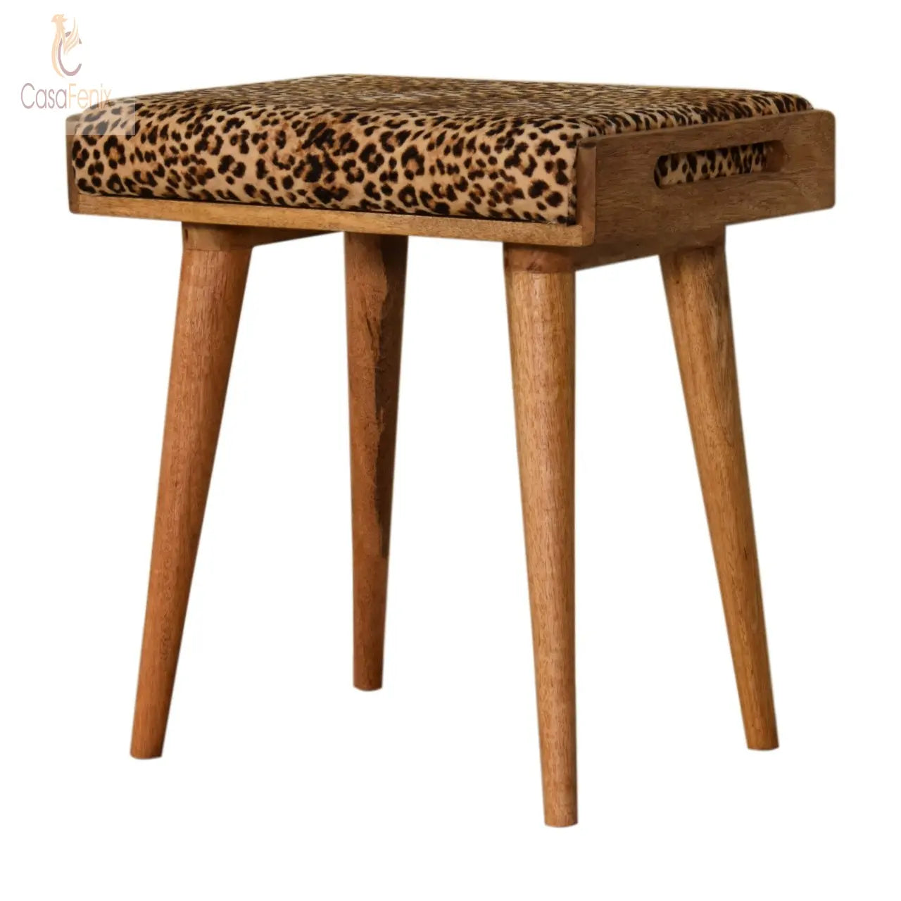 Leopard Animal Print Solid Mango Wood Velvet Tray Style Footstool Nordic Style - CasaFenix