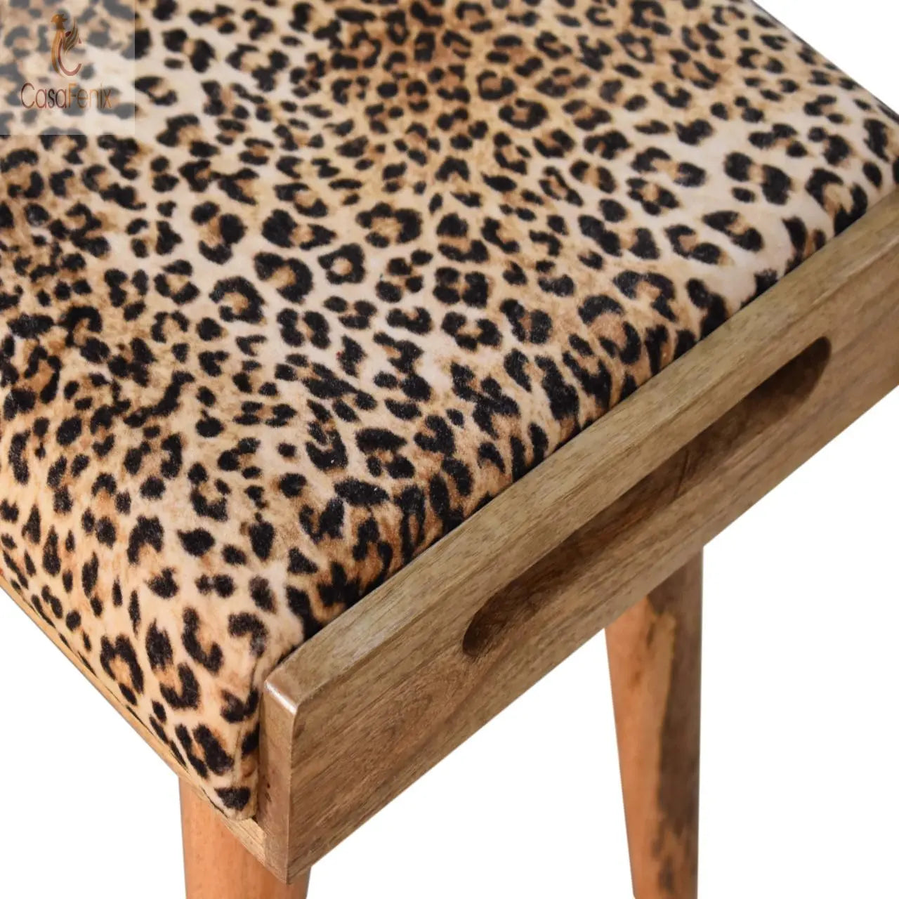 Leopard Animal Print Solid Mango Wood Velvet Tray Style Footstool Nordic Style - CasaFenix