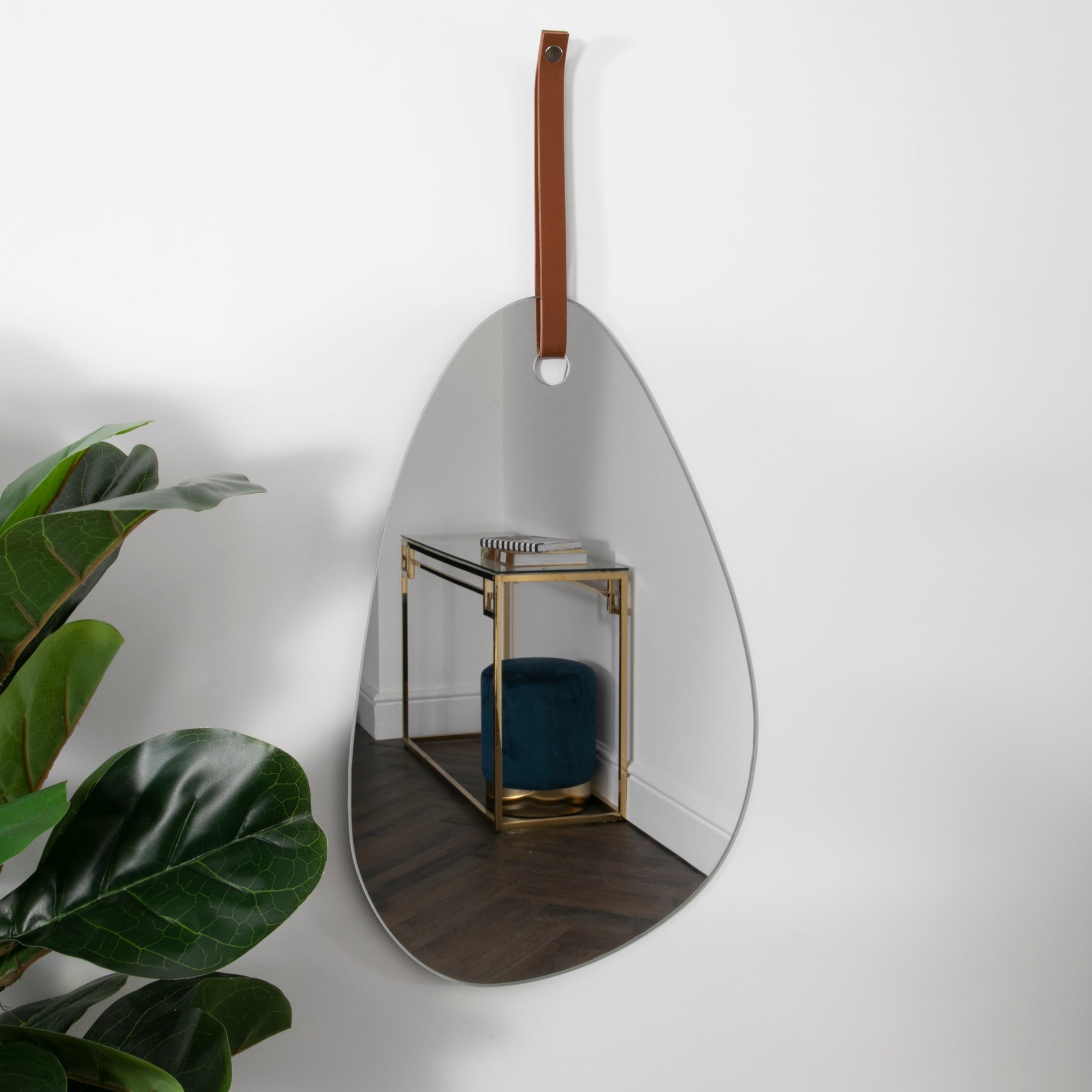 Pebble Shaped Mirror with Brown Leather Hanging Strap 50 x 26cm  CasaFenix