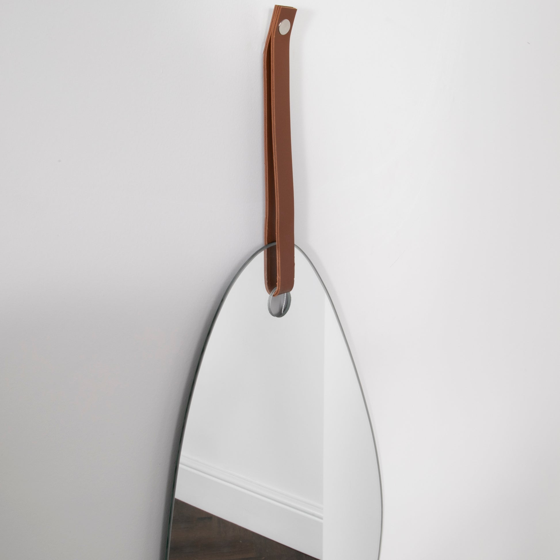 Pebble Shaped Mirror with Brown Leather Hanging Strap 50 x 26cm  CasaFenix