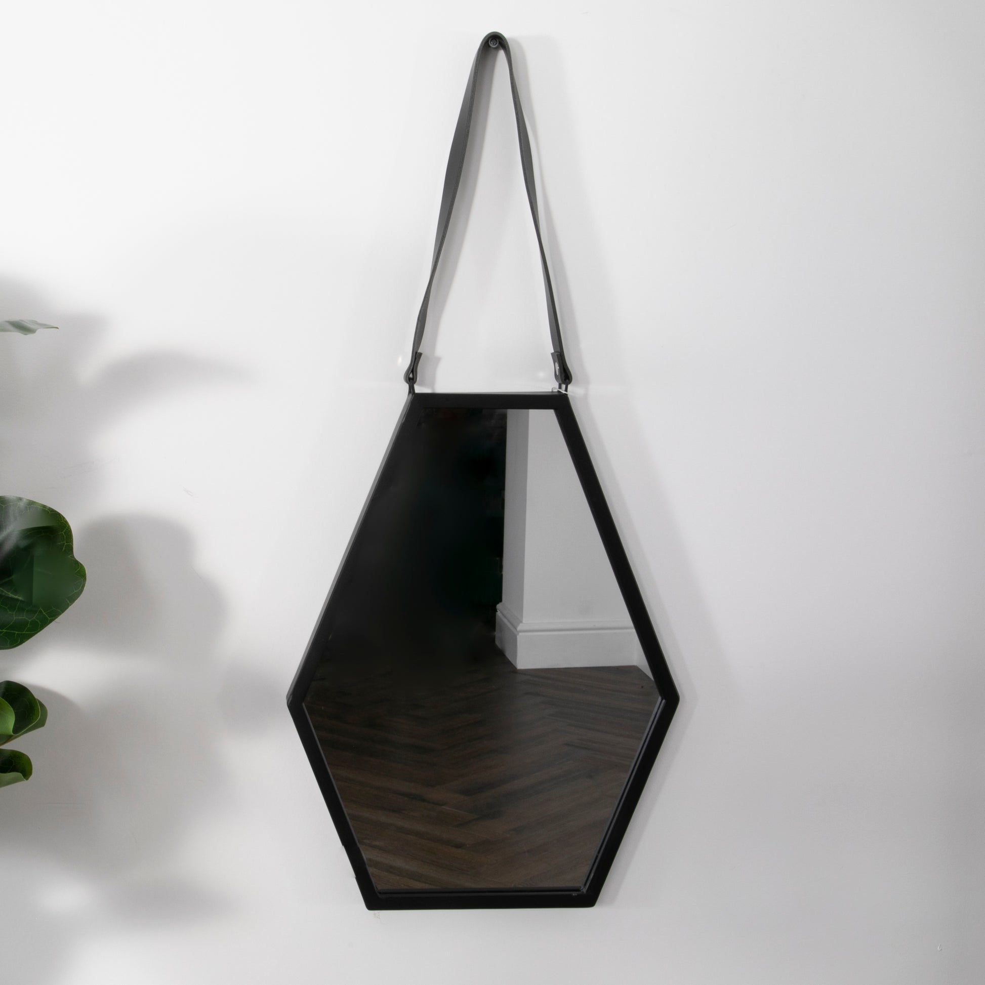 Hexagon Black Metal Wall Mirror with Leather Strap L47 x W36 x D3cm  CasaFenix