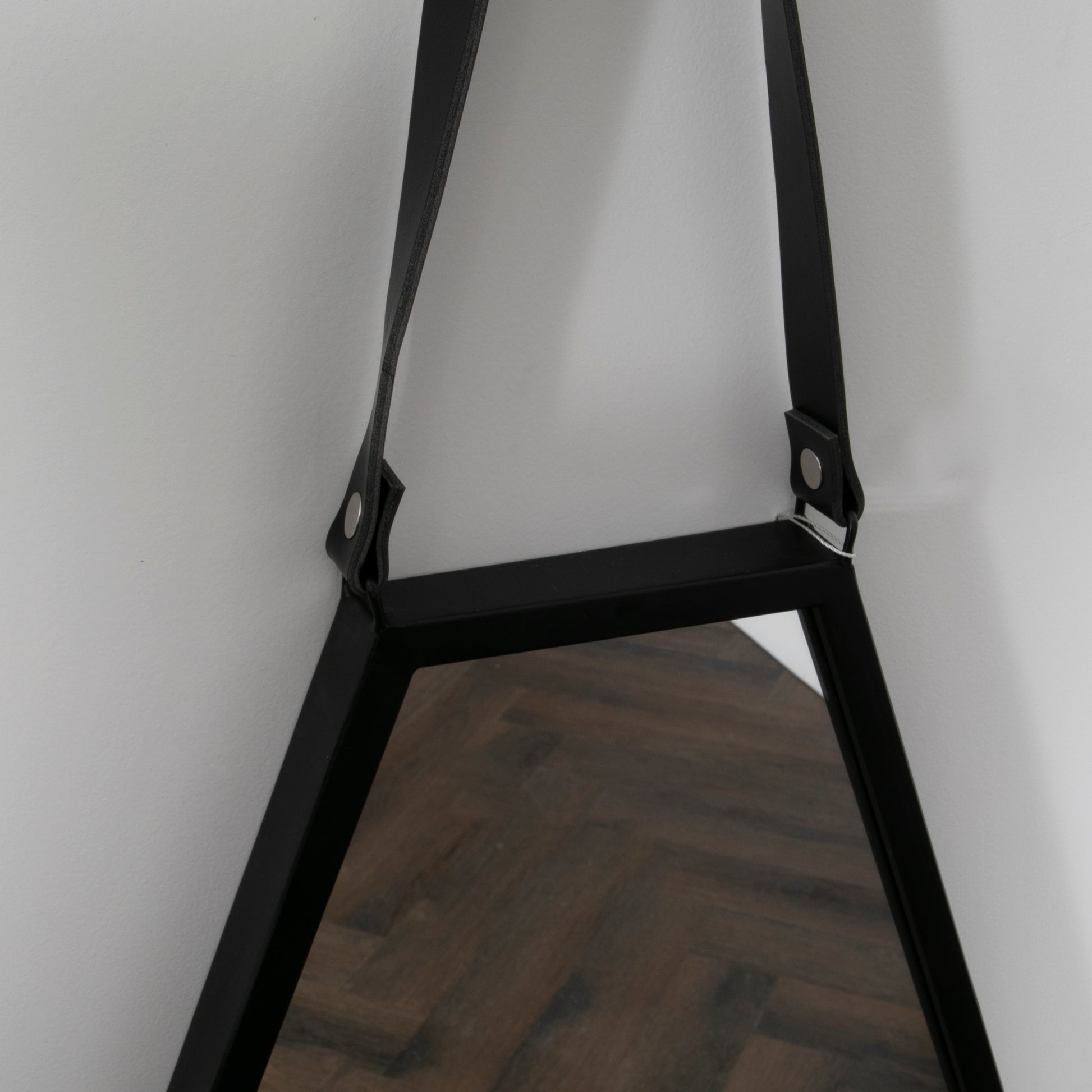 Hexagon Black Metal Wall Mirror with Leather Strap L47 x W36 x D3cm  CasaFenix