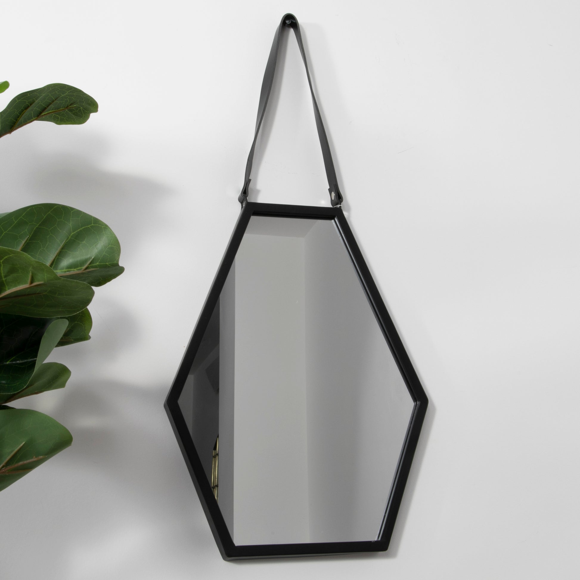 Hexagon Black Metal Wall Mirror with Leather Strap L47 x W36 x D3cm  CasaFenix