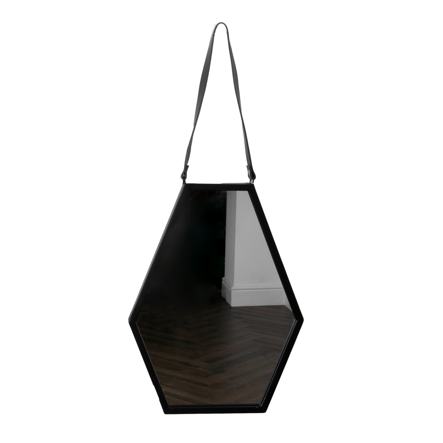 Hexagon Black Metal Wall Mirror with Leather Strap L47 x W36 x D3cm  CasaFenix
