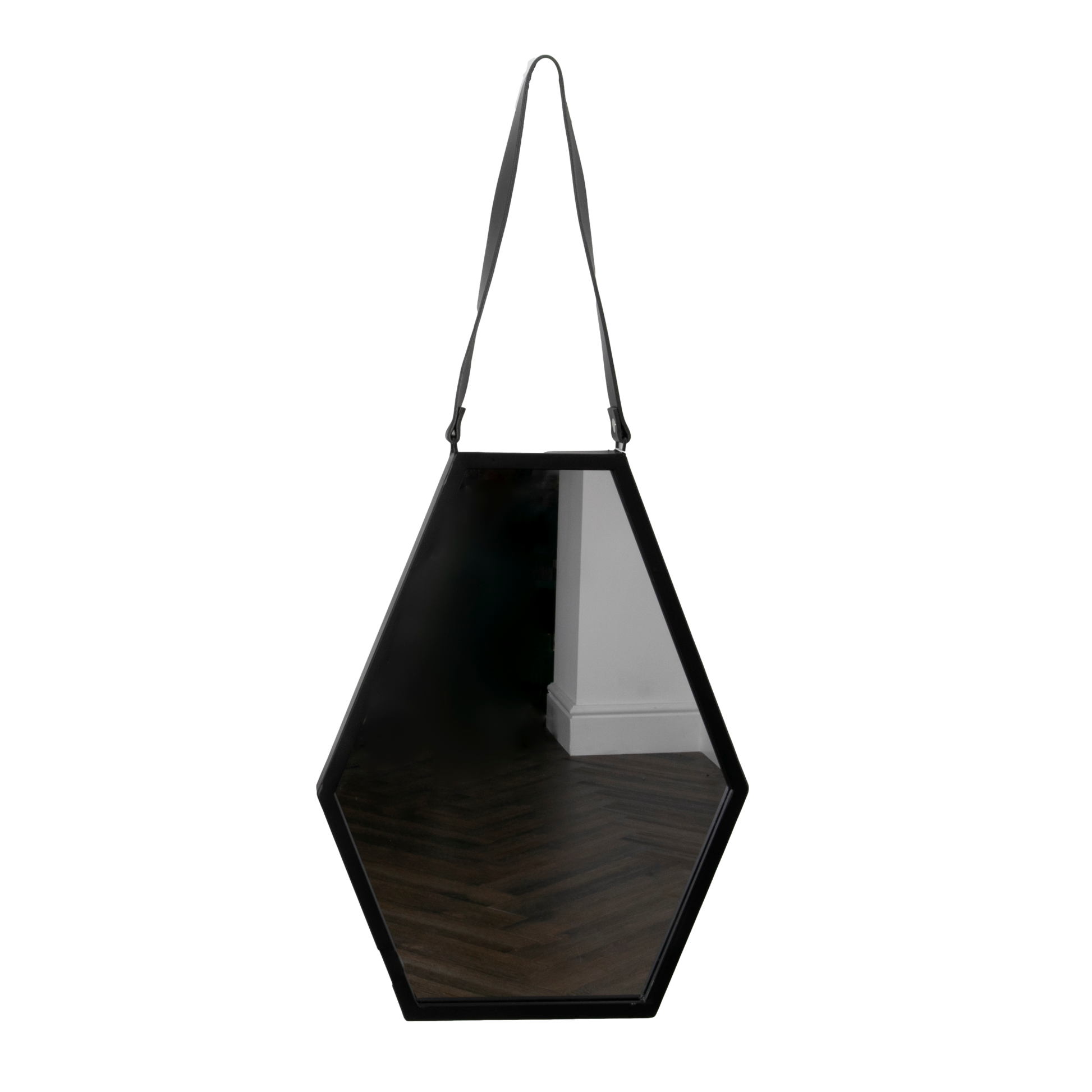 Hexagon Black Metal Wall Mirror with Leather Strap L47 x W36 x D3cm  CasaFenix